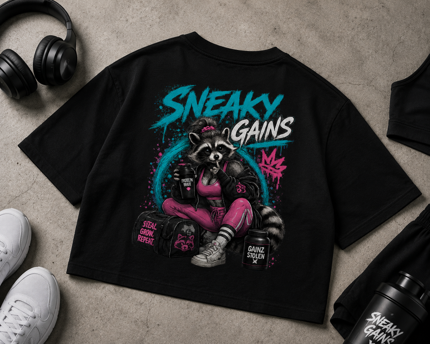 Damen Crop Top "Sneaky Gains" – Waschbär Fitness Performance Top